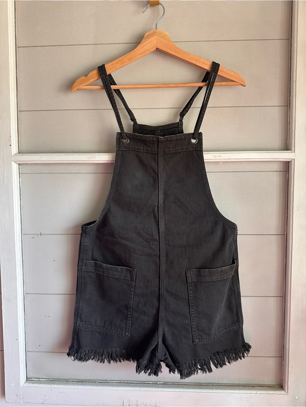 Aerie Black Denim Overall Romper with Frayed Hem